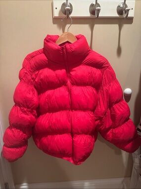 Bright Red Puffer Jacket - Warm Puff Coat